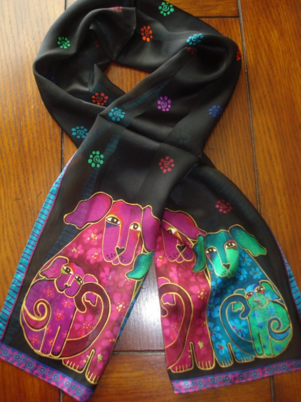 Laurel Burch Blossoming Pups Impressionist Magical Folk Art Silk Scarf